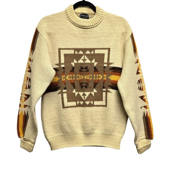 Vintage JCPenney 60s 70s L Navajo Southwestern Thhick Sweater Aztec Pattern Cre - Picture 1 of 10